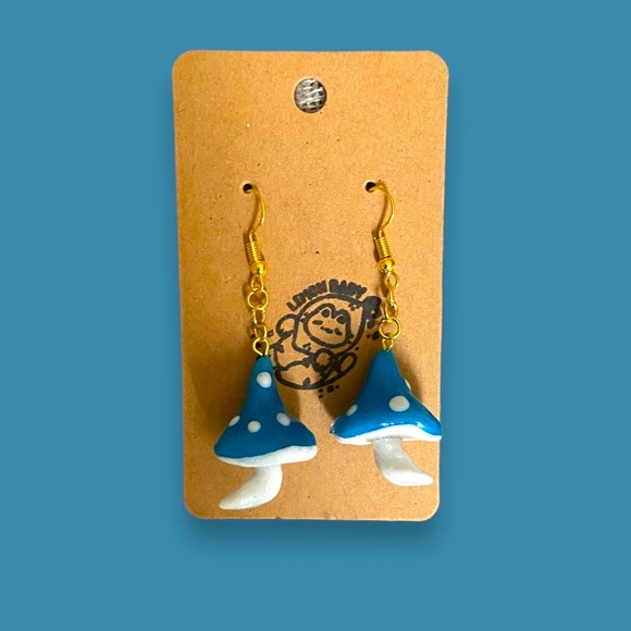 Handmade Blue Teal Mushroom Cottagecore Dangle Earrings - Polymer Clay and Resin - Picture 2 of 4